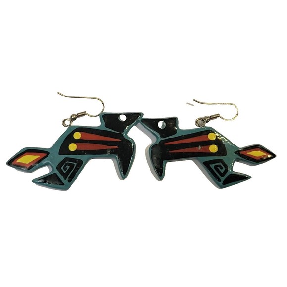 Vintage Fetish Handpainted Indigenous Totem Animal Pierced Earrings Southwestern - Picture 1 of 6